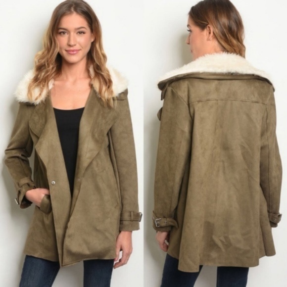 Jackets & Blazers - Olive Faux Suede Jacket w/Detachable Fur Collar